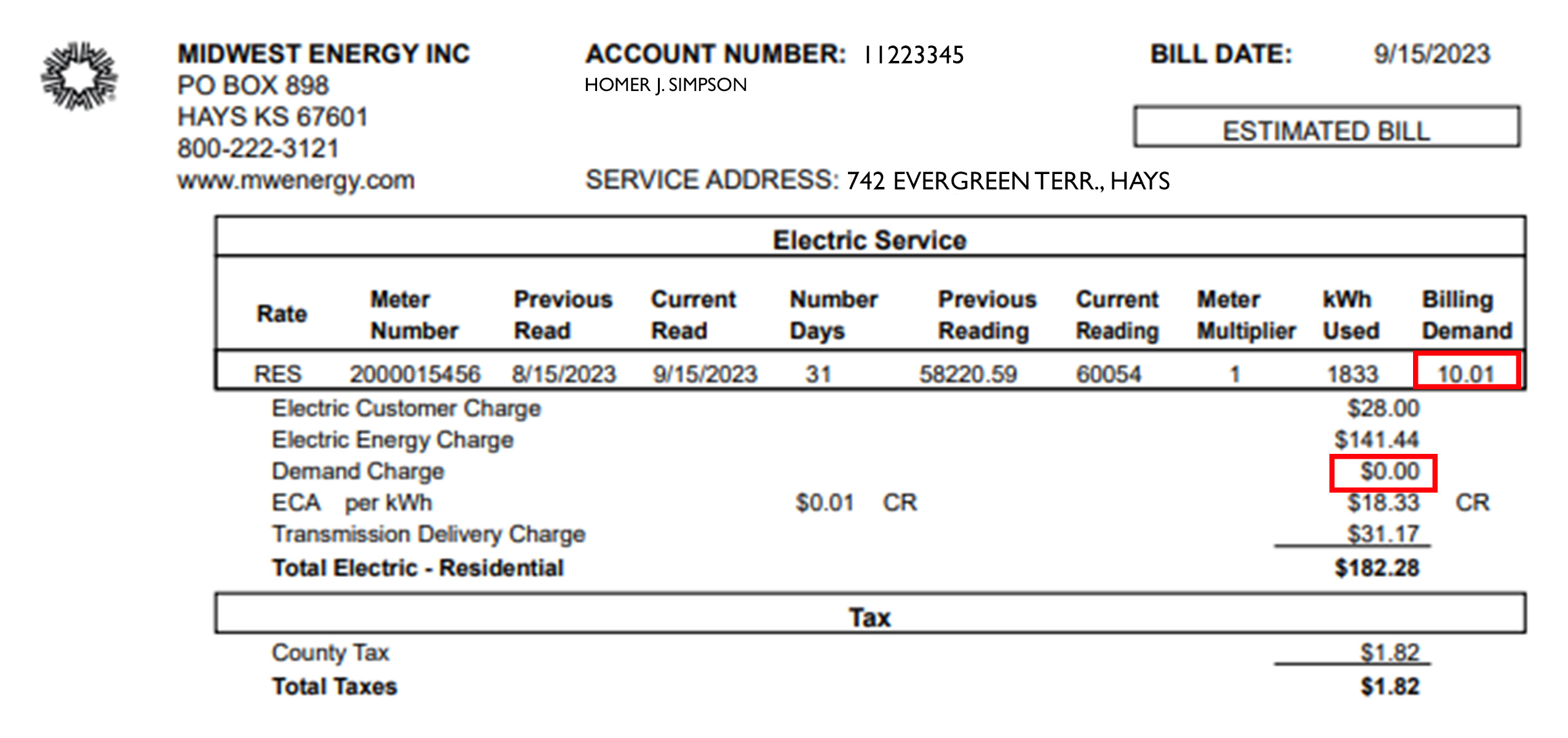 Midwest Energy bill showing demand charges and billing demand highlighted.