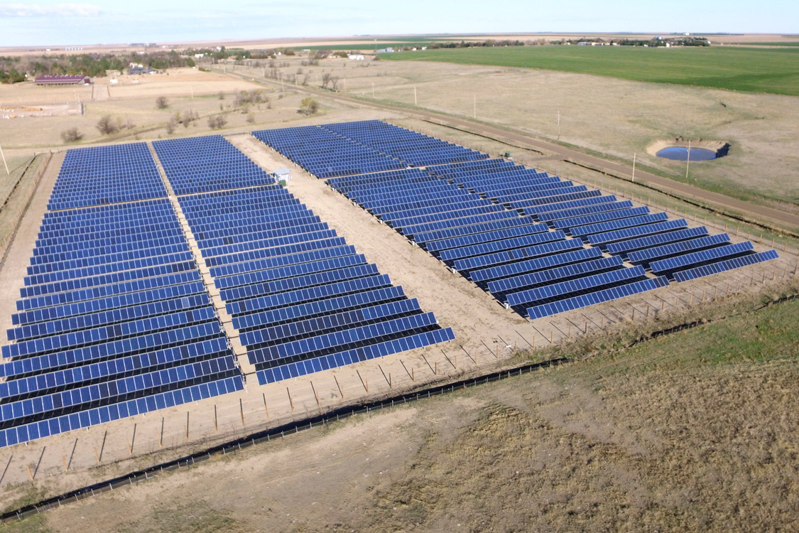 An aerial view of Midwest Energy’s Community Solar Array, just north of Colby, Kan., which is the state’s largest solar array, and fills eight acres of pasture with 3,960 panels.