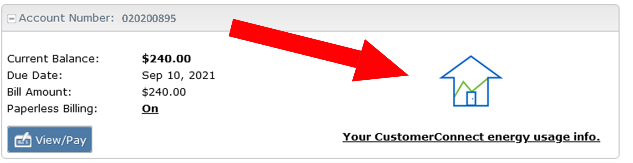 A screenshot of the Midwest Energy customer portal, with a red arrow highlighting the CustomerConnect icon.