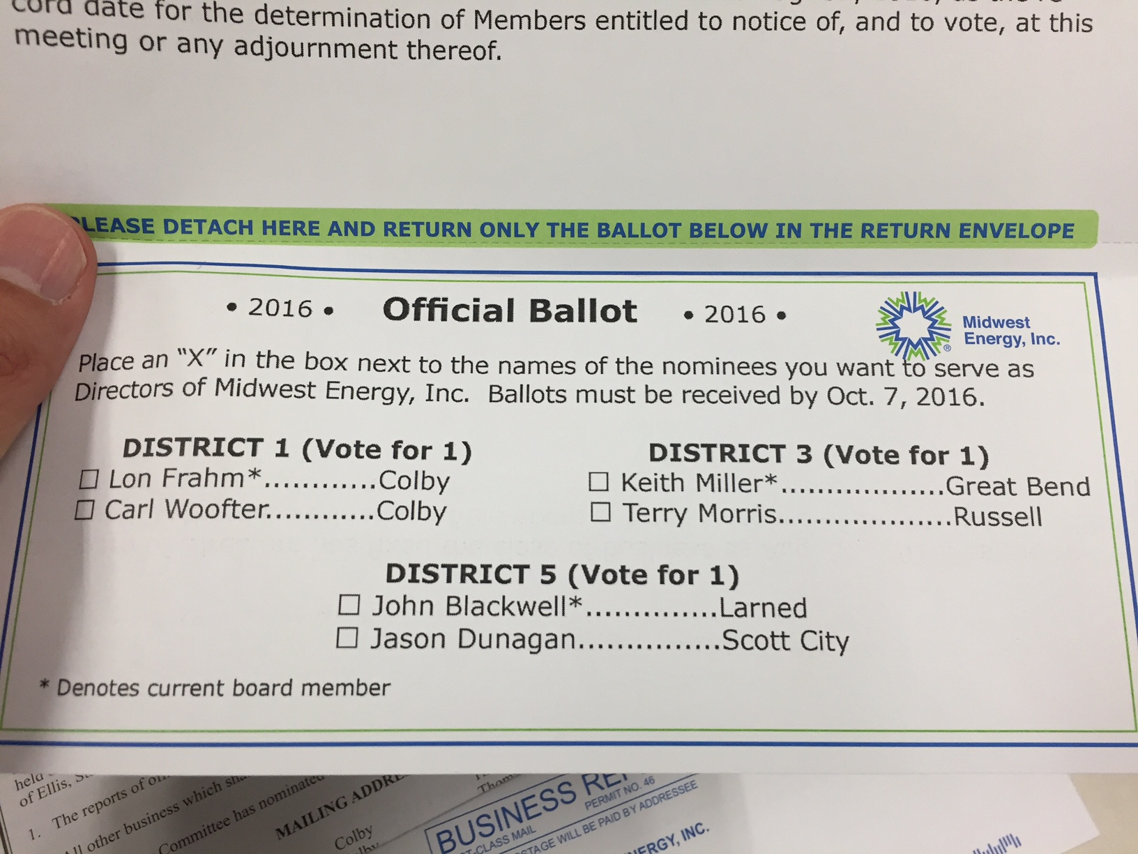 A photo of a hand holding the 2016 Board of Directors ballot.