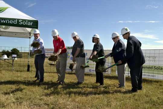 Ground is broken! Helping are (L to R) Tyson McGreer, City of Colby Manager; Kansas Sen. Ralph Ostmeyer; Gary Adrian, City of Colby Mayor; Peg Tole, City of Colby Councilperson; Midwest Energy President & General Mgr. Earnie Lehman, and Clean Energy Collective President and CEO Paul Spencer.