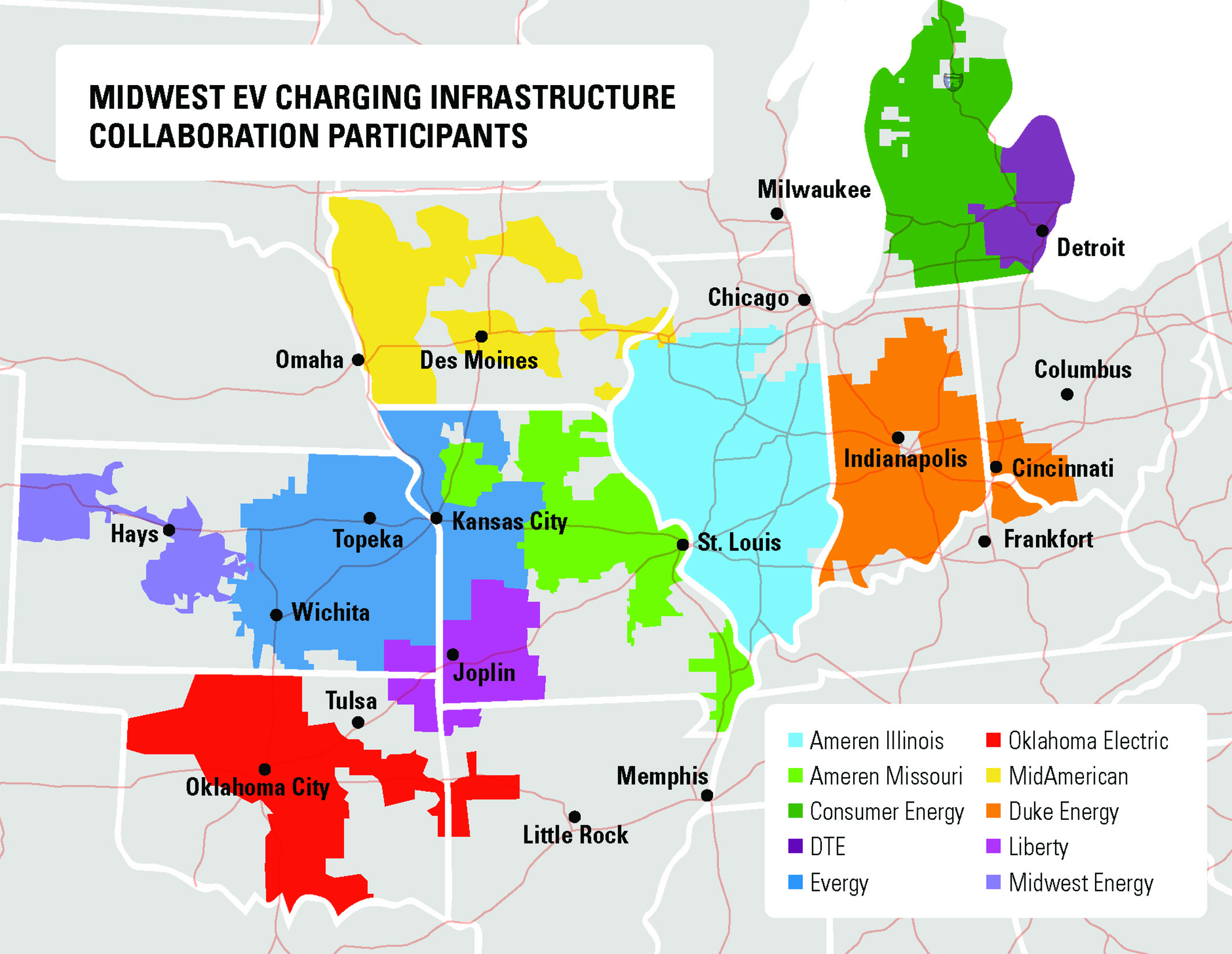 A map of the Midwestern U.S., showing 10 utility companies from Michigan to Kansas who have signed a memorandum of cooperation regarding electric vehicle chargers.