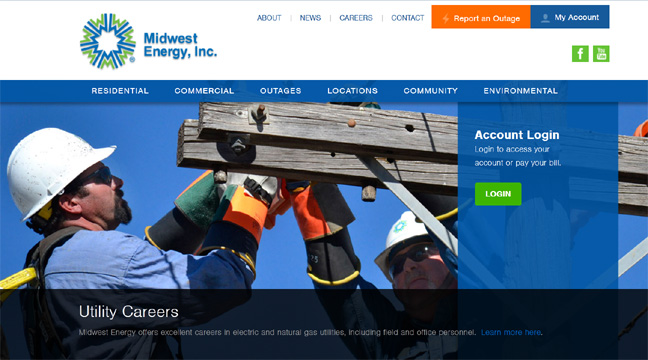 A screen grab of Midwest Energy's new website. The screen grab shows Midwest Energy electrical lineman working on powerlines on a pole.