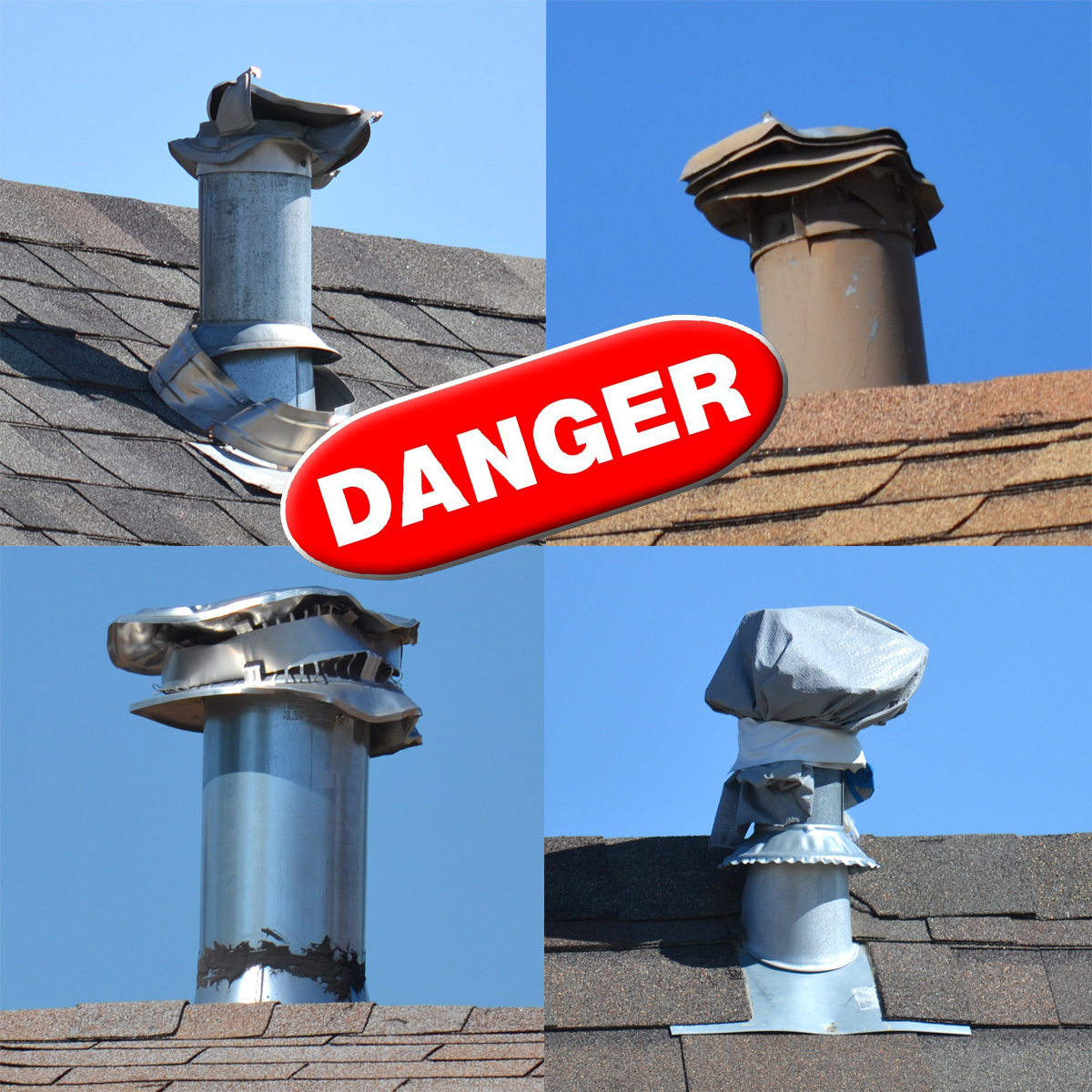 A photo of four damaged rooftop gas exhaust vents.  Damaged or covered gas exhaust vents prevent carbon monoxide from properly venting, and can lead to a deadly buildup of CO inside the home.  Carbon monoxide is colorless and odorless, and only a carbon monoxide detector can alert homeowners to its presence.  The Centers for Disease Control estimates 400 Americans die in their homes from unintentional carbon monoxide exposure.