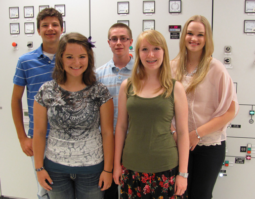 L to R - Nathan Frame of Kinsley, Katie Showalter of Alexander, Will Allen of Brewster, Elizabeth Nedland of Oberlin, and Anna Hickert of Hays gather during a tour of Midwest Energy's Goodman Energy Center in Hays, before beginning a week-long