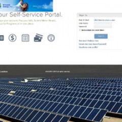 A screen shot of the new self-service portal page is overlaid on a photo of the 3,960 solar panels at the Midwest Energy Community Solar Array in Colby, Kan.