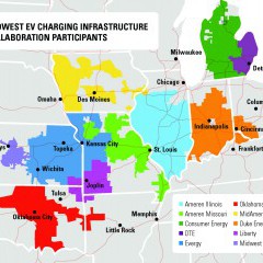 A map of the Midwestern U.S., showing 10 utility companies from Michigan to Kansas who have signed a memorandum of cooperation regarding electric vehicle chargers.  