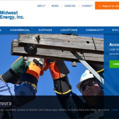 A screen grab of Midwest Energy's new website. The screen grab shows Midwest Energy electrical lineman working on powerlines on a pole. 
