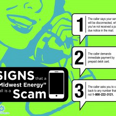 A graphic describing three warning sings that an energy scammer is calling you.  First, you've never received a past due notice in the mail; second, they demand payment by prepaid debit card; third, they ask you to call back a number other than 1-800-222-3121.  Any one of these three signs should tip you that you're talking to a scam artist.  