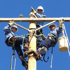 A photo of three linemen in blue shirts, manually climbing to the top of a training power pole, and looking down waving from atop the crossarm.  