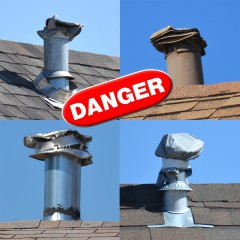 A photo of four damaged rooftop gas exhaust vents.  Damaged or covered gas exhaust vents prevent carbon monoxide from properly venting, and can lead to a deadly buildup of CO inside the home.  Carbon monoxide is colorless and odorless, and only a carbon monoxide detector can alert homeowners to its presence.  The Centers for Disease Control estimates 400 Americans die in their homes from unintentional carbon monoxide exposure. 