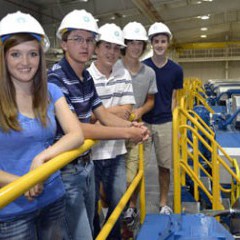 (From left) Rebecca Bange of Rexford joins Cheylin High School student Jacob Brubaker of Bird City, Seth Hachmeister of Natoma, Ross Frame of Kinsley and Matt Mindrup of Hays, in touring Midwest Energy’s Goodman Energy Center in Hays on June 12.  The group joined other students from Kansas to represent the state at the 2014 Youth Tour in Washington, D.C.