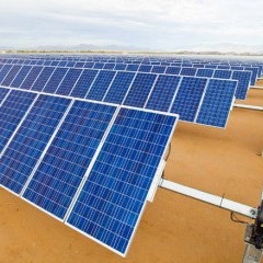 Trackers tilt rack-mounted solar panels as the sum moves across the sky at this solar array near Phoenix, Ariz.  Midwest Energy’s Community Solar Array, planned near Colby, will use tracking technology.  Photo courtesy of Array Technologies. 