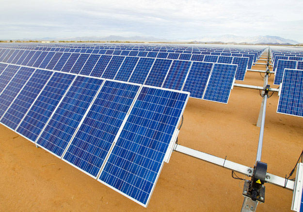 Trackers tilt rack-mounted solar panels as the sum moves across the sky at this solar array near Phoenix, Ariz.  Midwest Energy’s Community Solar Array, planned near Colby, will use tracking technology.  Photo courtesy of Array Technologies.