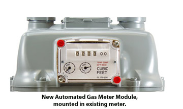 A frontal view of a gas meter with an automated gas meter module inserted in it.