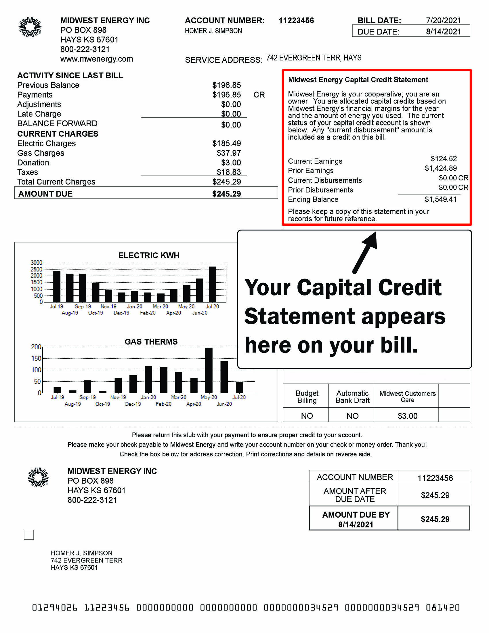 An image of a Midwest Energy bill with the Captial Credit Statement highlighted.