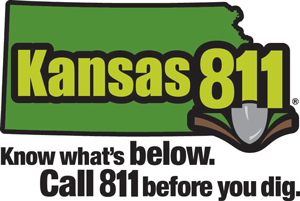 An outline of Kansas filled with green. “Kansas811” is in yellow text and overlaid on the state. Call 811 before you dig. 