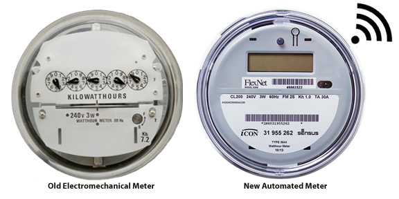 A photo of an old electromechanical meter is shown next to a new automated meter.