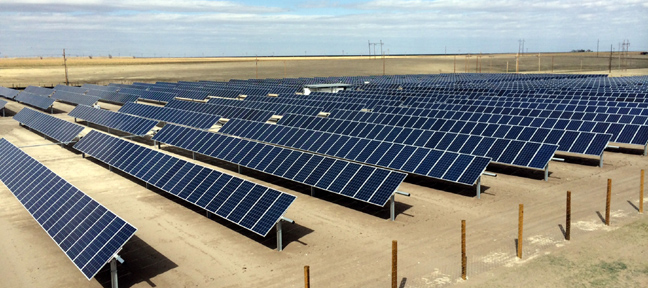 3,960 solar array panels are mounted on steel tracking structures at the Midwest Energy Community Solar Array in Colby, Kan.